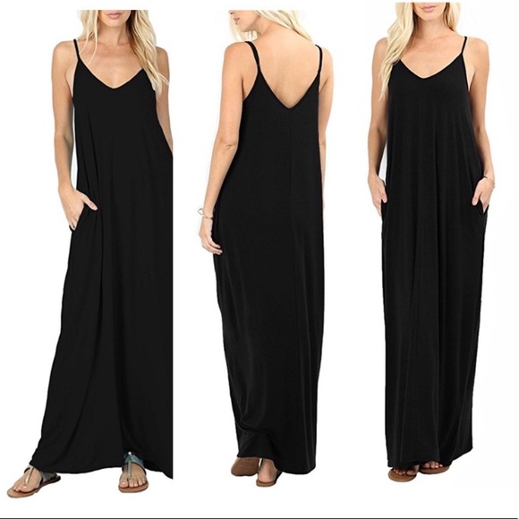BLACK adjustable spaghetti strap maxi dress with pockets Large L Extra Large XL - Picture 7 of 8